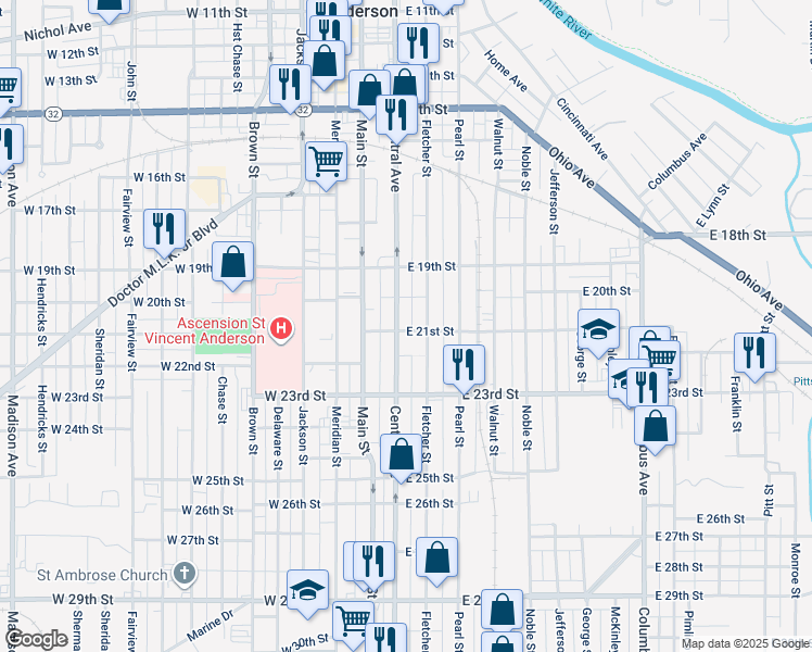 map of restaurants, bars, coffee shops, grocery stores, and more near 2115 Central Avenue in Anderson