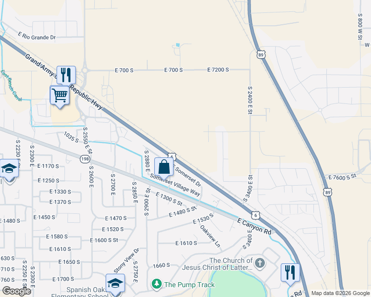 map of restaurants, bars, coffee shops, grocery stores, and more near 3031 East Canyon Road in Spanish Fork
