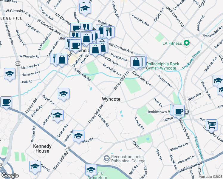 map of restaurants, bars, coffee shops, grocery stores, and more near 120 Rices Mill Road in Wyncote