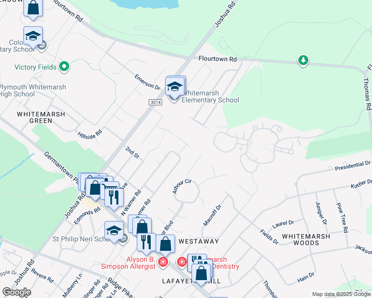 map of restaurants, bars, coffee shops, grocery stores, and more near 4067 Thompson Road in Lafayette Hill
