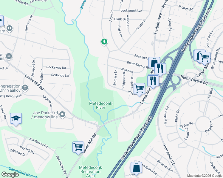 map of restaurants, bars, coffee shops, grocery stores, and more near 112 Stephan Road in Brick Township