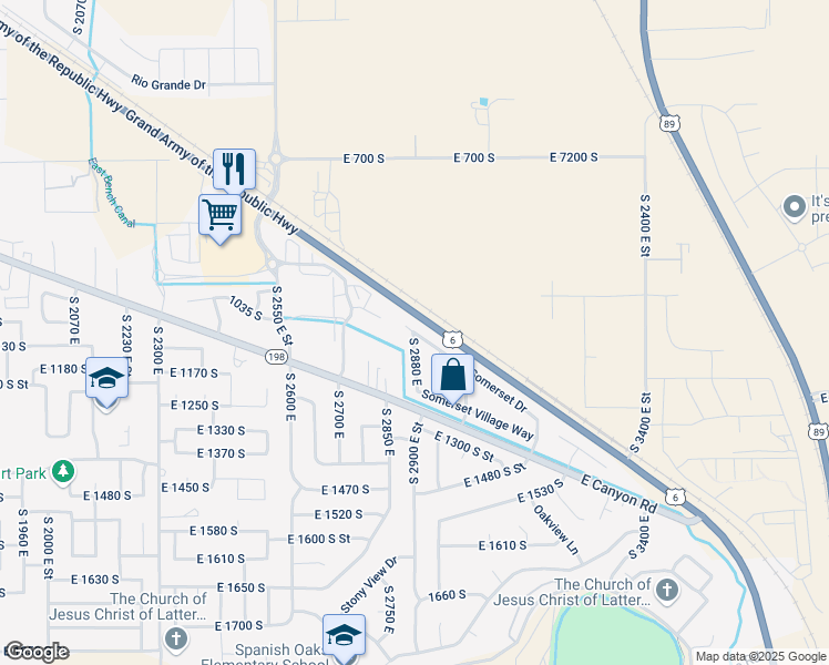 map of restaurants, bars, coffee shops, grocery stores, and more near 2835 East Somerset Drive in Spanish Fork