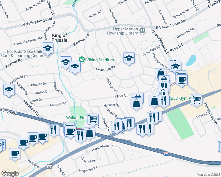 map of restaurants, bars, coffee shops, grocery stores, and more near 418 Old Fort Road in King of Prussia