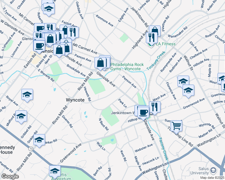 map of restaurants, bars, coffee shops, grocery stores, and more near 103 Waverly Road in Wyncote