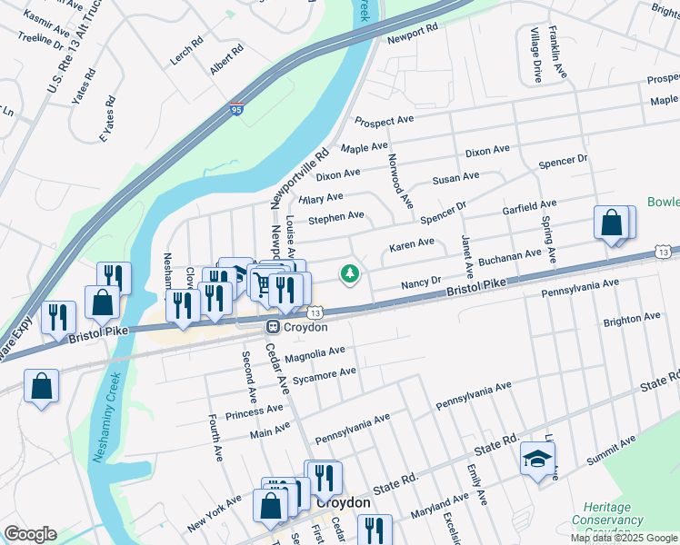 map of restaurants, bars, coffee shops, grocery stores, and more near 919 Dolores Lane in Croydon