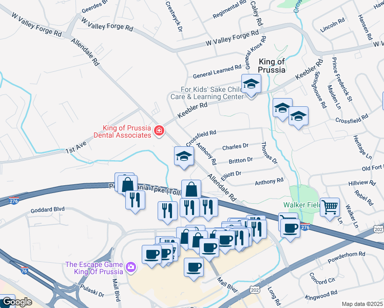 map of restaurants, bars, coffee shops, grocery stores, and more near 378 Allendale Road in King of Prussia