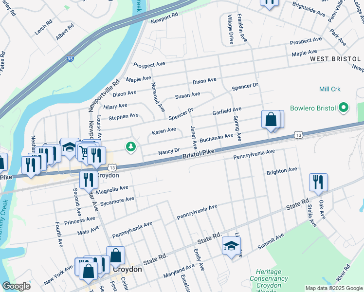map of restaurants, bars, coffee shops, grocery stores, and more near 1309 Nancy Drive in Croydon