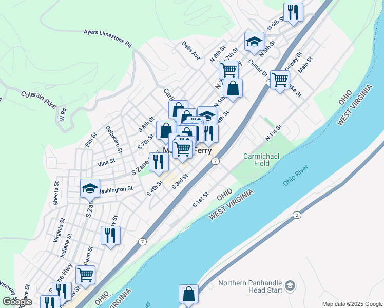map of restaurants, bars, coffee shops, grocery stores, and more near 302 Walnut Street in Martins Ferry