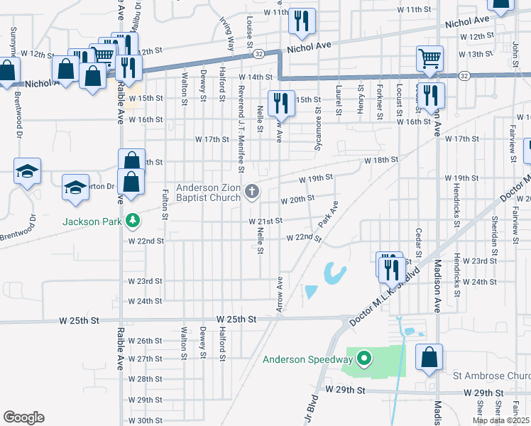 map of restaurants, bars, coffee shops, grocery stores, and more near 1719 West 21st Street in Anderson