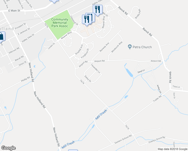 map of restaurants, bars, coffee shops, grocery stores, and more near 624 Sunflower Street in New Holland