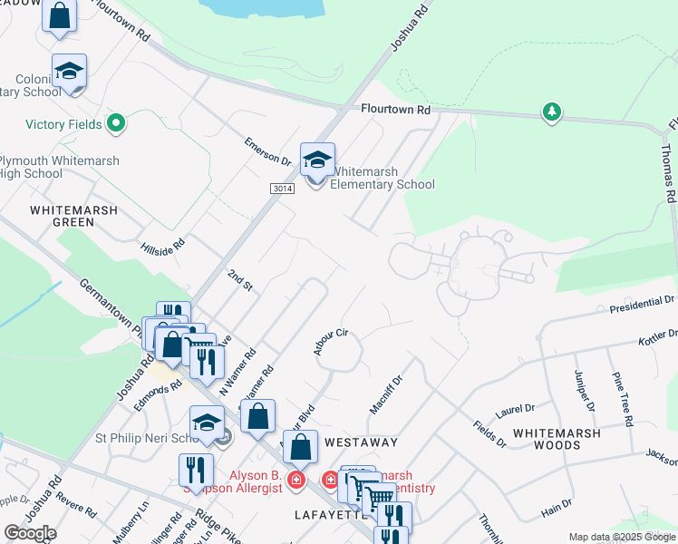 map of restaurants, bars, coffee shops, grocery stores, and more near 4067 Thompson Road in Lafayette Hill
