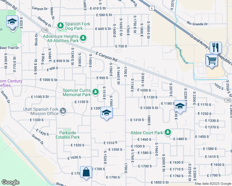map of restaurants, bars, coffee shops, grocery stores, and more near 1112 South 1660 East in Spanish Fork