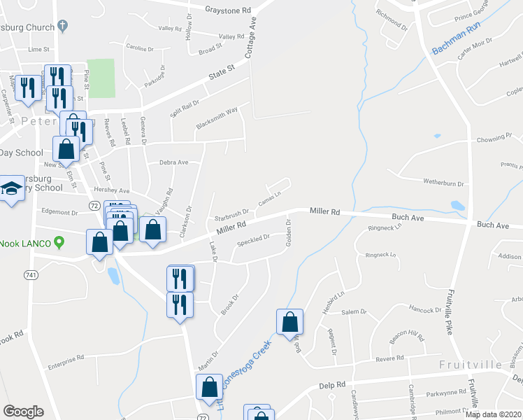 map of restaurants, bars, coffee shops, grocery stores, and more near 2546 Camas Lane in East Petersburg