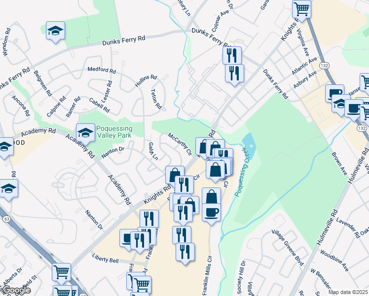 map of restaurants, bars, coffee shops, grocery stores, and more near 12855 McCarthy Circle in Philadelphia