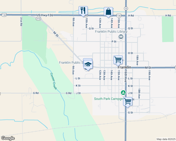 map of restaurants, bars, coffee shops, grocery stores, and more near 1001 M Street in Franklin