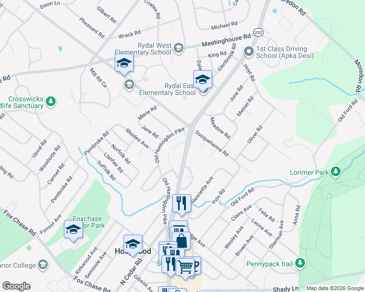 map of restaurants, bars, coffee shops, grocery stores, and more near 1032 Huntingdon Pike in Montgomery County