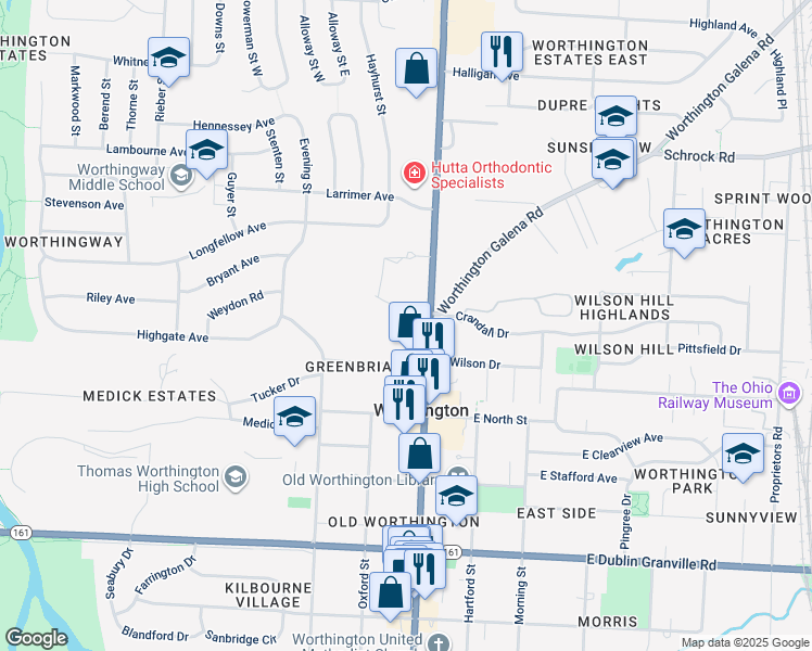 map of restaurants, bars, coffee shops, grocery stores, and more near 6525 North High Street in Worthington