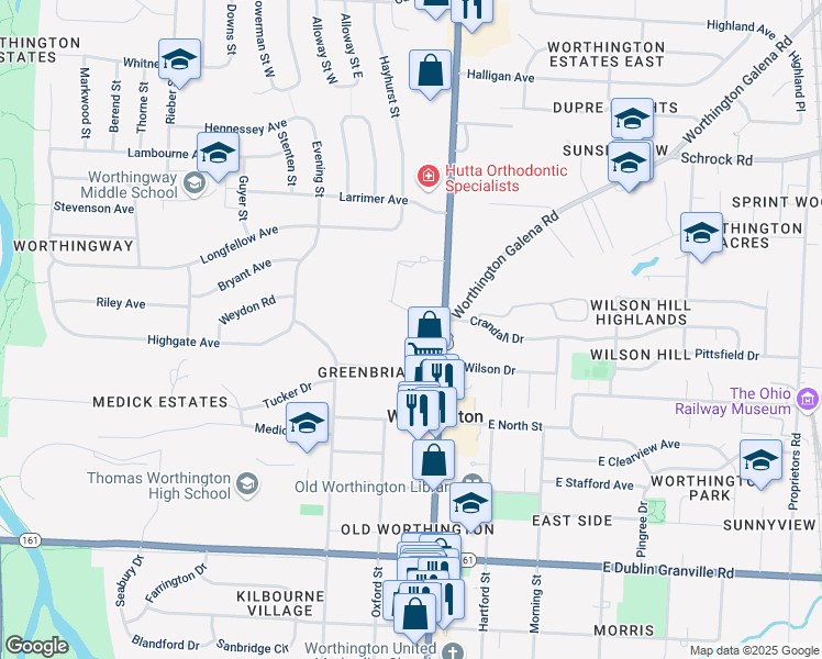 map of restaurants, bars, coffee shops, grocery stores, and more near 6525 North High Street in Worthington