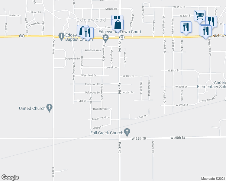 map of restaurants, bars, coffee shops, grocery stores, and more near 3328 Oakwood Drive in Anderson
