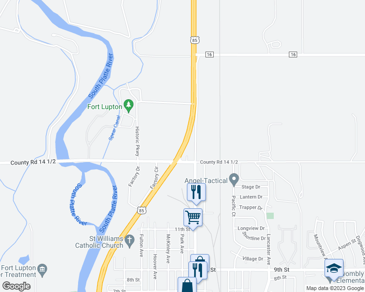 map of restaurants, bars, coffee shops, grocery stores, and more near County Rd 25.5 & Denver Ave in Fort Lupton
