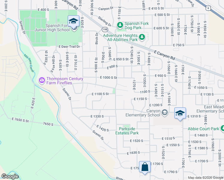 map of restaurants, bars, coffee shops, grocery stores, and more near 1124 South 1100 East in Spanish Fork