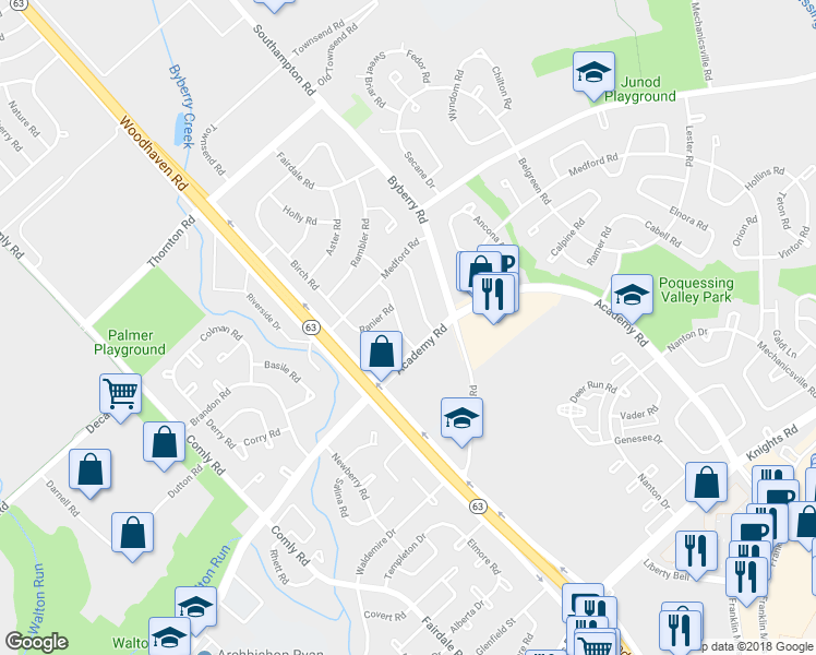 map of restaurants, bars, coffee shops, grocery stores, and more near 12032 Academy Road in Philadelphia