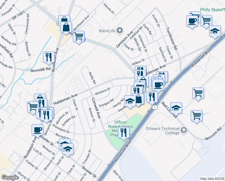 map of restaurants, bars, coffee shops, grocery stores, and more near 9959 Montour Street in Philadelphia