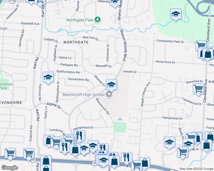 map of restaurants, bars, coffee shops, grocery stores, and more near 6100 Beechcroft Road in Columbus