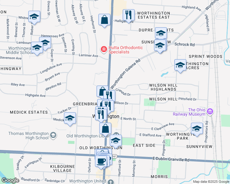 map of restaurants, bars, coffee shops, grocery stores, and more near 60 Wilson Drive in Worthington