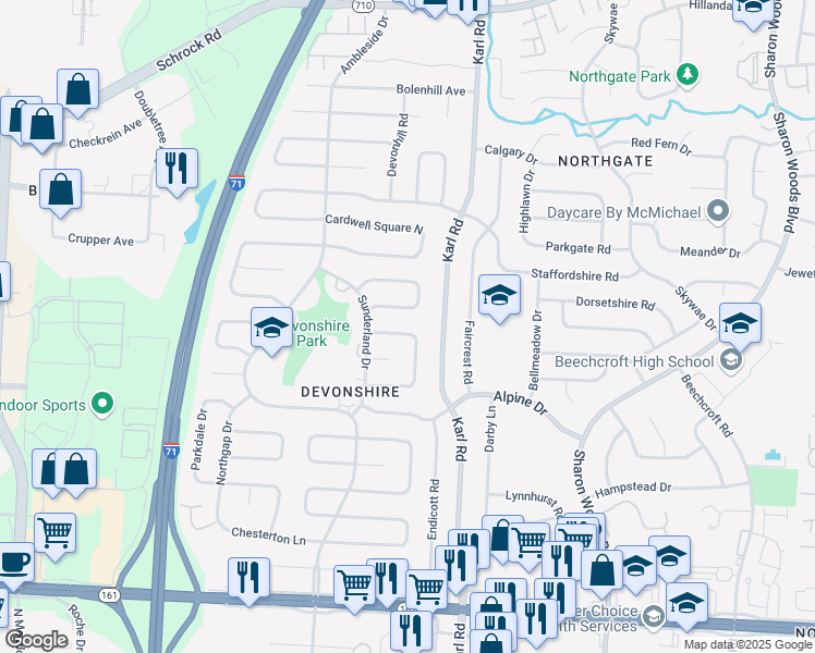 map of restaurants, bars, coffee shops, grocery stores, and more near 1460 Chelmsford Square North in Columbus