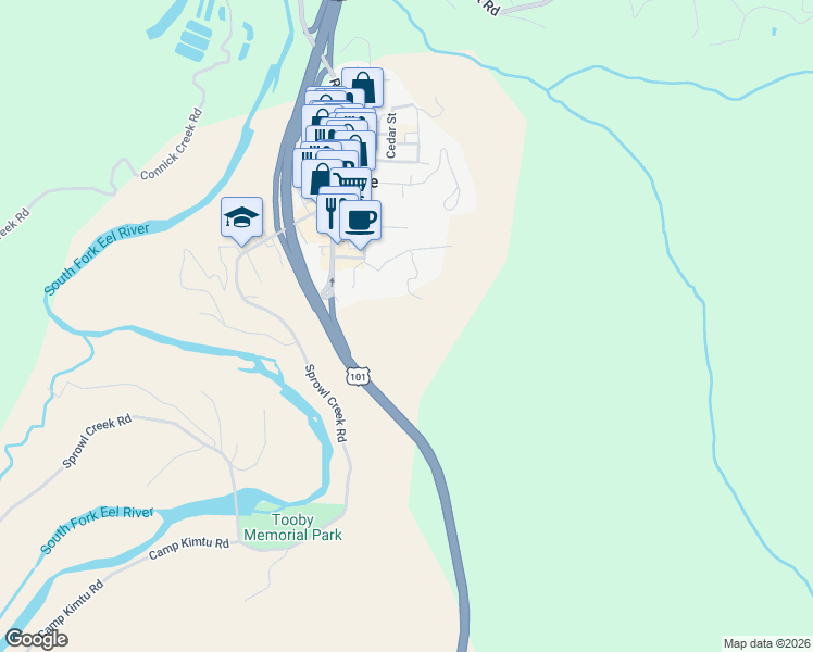 map of restaurants, bars, coffee shops, grocery stores, and more near 1160 Hillcrest Drive in Garberville