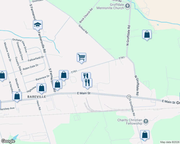 map of restaurants, bars, coffee shops, grocery stores, and more near 176 Butter Road in Leacock-Leola-Bareville