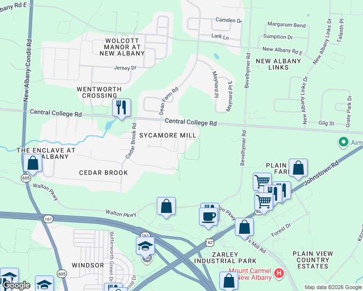 map of restaurants, bars, coffee shops, grocery stores, and more near 8323 Marwithe Place in New Albany