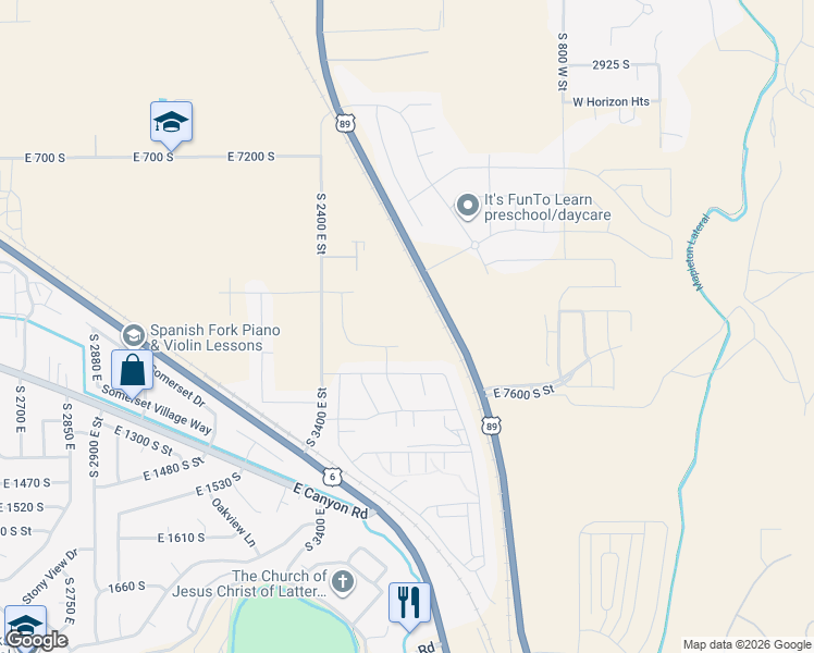 map of restaurants, bars, coffee shops, grocery stores, and more near 1066 South 3600 East in Spanish Fork
