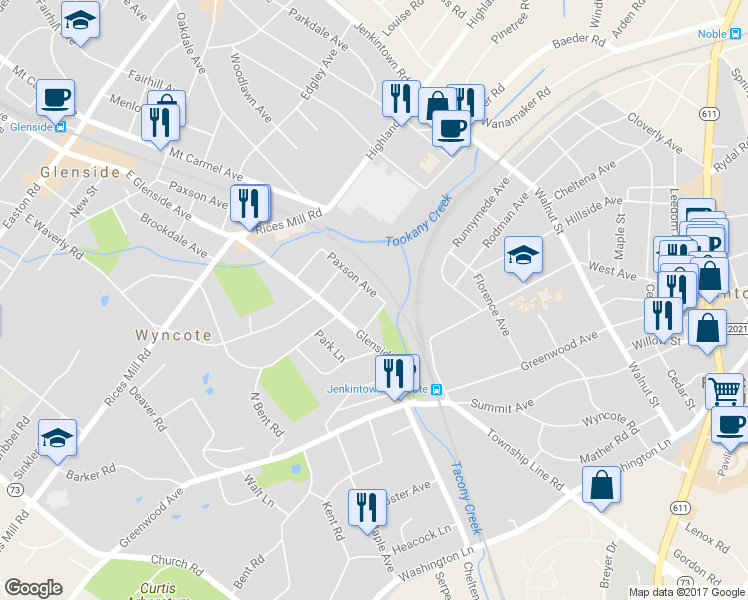 map of restaurants, bars, coffee shops, grocery stores, and more near 610 Paxson Avenue in Wyncote