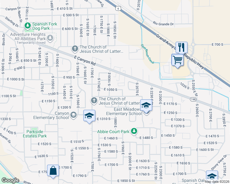 map of restaurants, bars, coffee shops, grocery stores, and more near 1878 East 1050 South in Spanish Fork