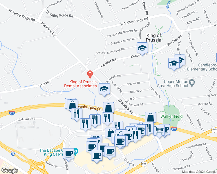 map of restaurants, bars, coffee shops, grocery stores, and more near 378 Allendale Road in King of Prussia
