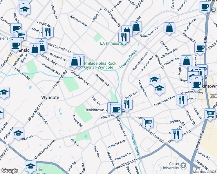 map of restaurants, bars, coffee shops, grocery stores, and more near 610 Paxson Avenue in Wyncote