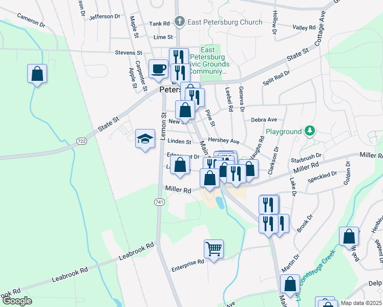 map of restaurants, bars, coffee shops, grocery stores, and more near 2061 Edgemont Drive in East Petersburg