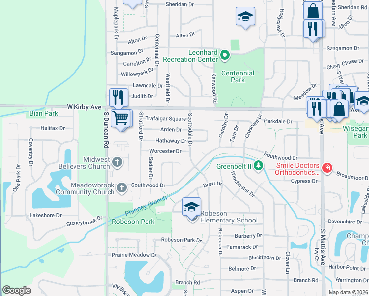 map of restaurants, bars, coffee shops, grocery stores, and more near 2502 Bershire Drive in Champaign