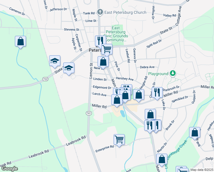 map of restaurants, bars, coffee shops, grocery stores, and more near 2061 Edgemont Drive in East Petersburg