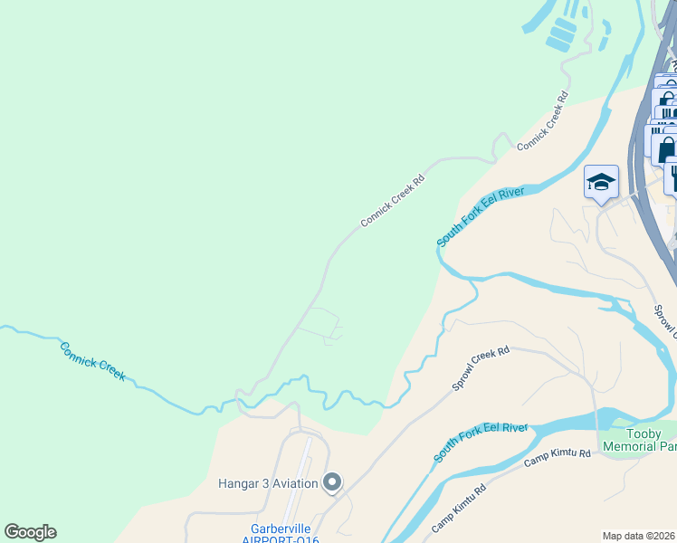 map of restaurants, bars, coffee shops, grocery stores, and more near 575 Connick Creek Road in Garberville