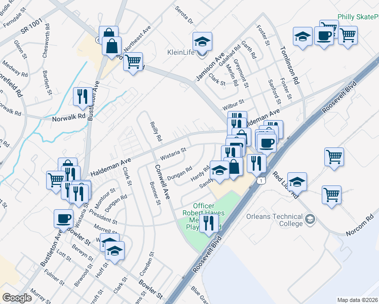 map of restaurants, bars, coffee shops, grocery stores, and more near 9959 Montour Street in Philadelphia