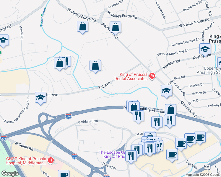 map of restaurants, bars, coffee shops, grocery stores, and more near 835 1st Avenue in King of Prussia