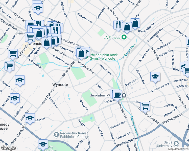 map of restaurants, bars, coffee shops, grocery stores, and more near 101 Waverly Road in Wyncote