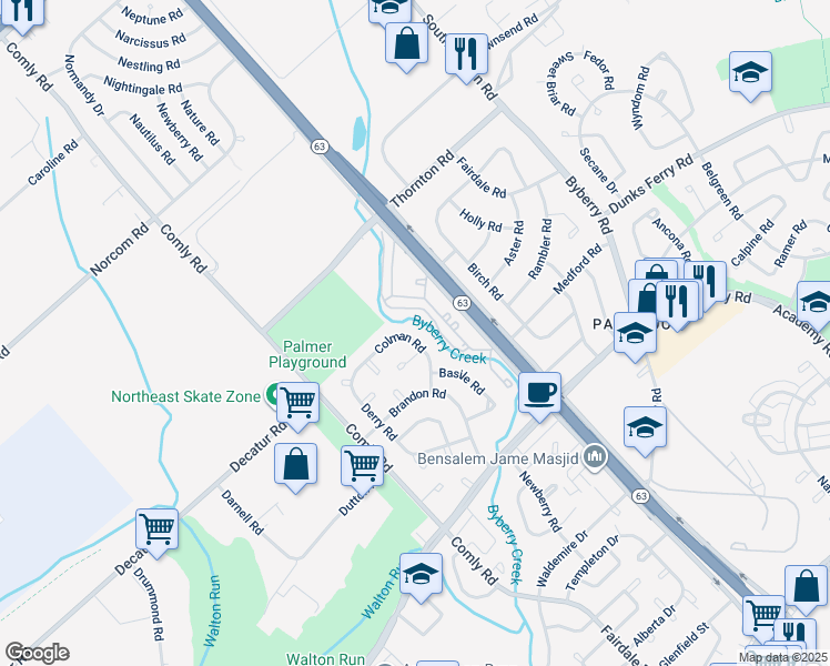 map of restaurants, bars, coffee shops, grocery stores, and more near 11804 Colman Road in Philadelphia