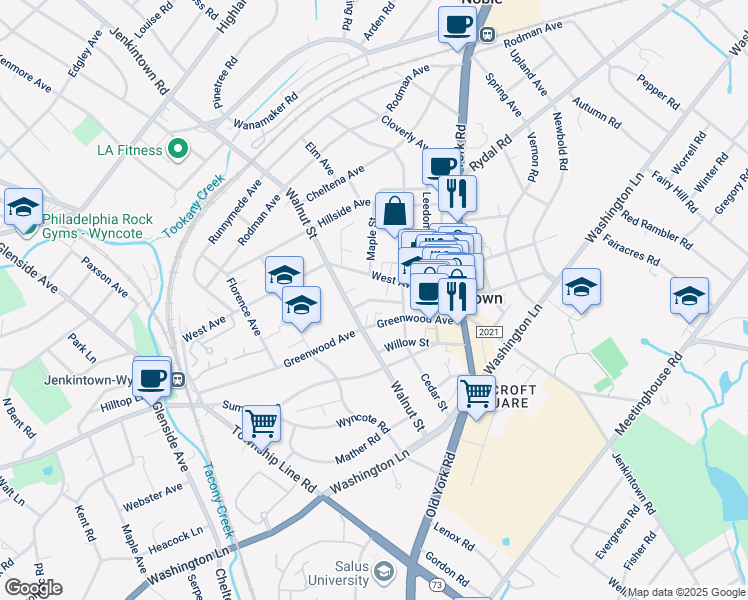 map of restaurants, bars, coffee shops, grocery stores, and more near Division Street in Jenkintown