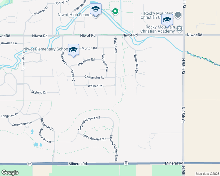 map of restaurants, bars, coffee shops, grocery stores, and more near 9003 Walker Road in Niwot