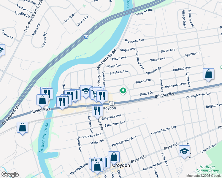 map of restaurants, bars, coffee shops, grocery stores, and more near 900 Spencer Drive in Croydon