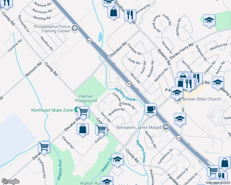 map of restaurants, bars, coffee shops, grocery stores, and more near 1340 Stewarts Way in Philadelphia